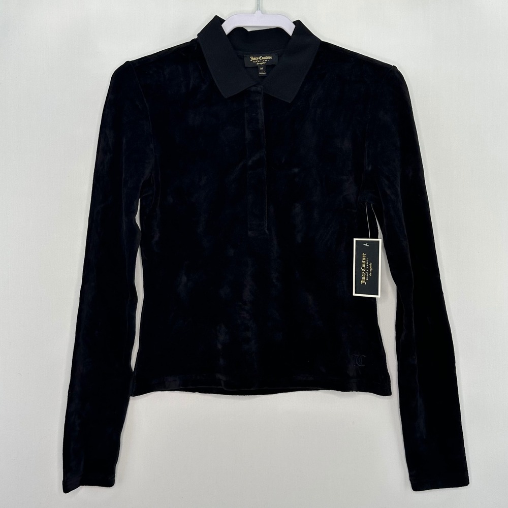 Juicy Couture Black Label Velour Long Sleeve Collar Shirt Medium Black Y2K Style - Picture 1 of 13